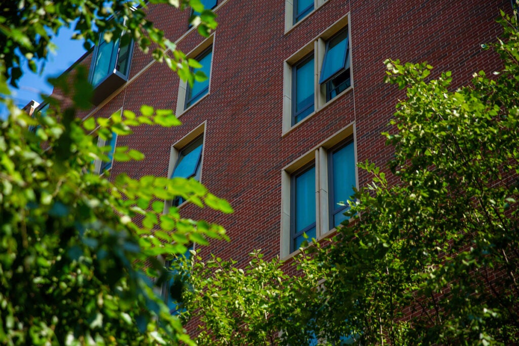 Exterior of a red brick residence hall