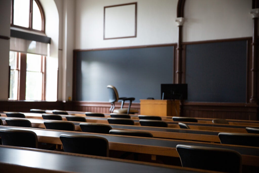 Interior of an empty classroom in Healy Hall. 