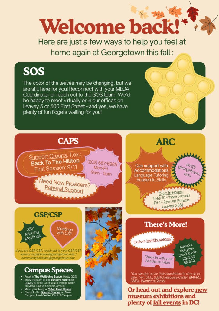 A warm poster of green, red, yellow, and orange highlight Georgetown resources that are available to students returning from a medical leave of absence.