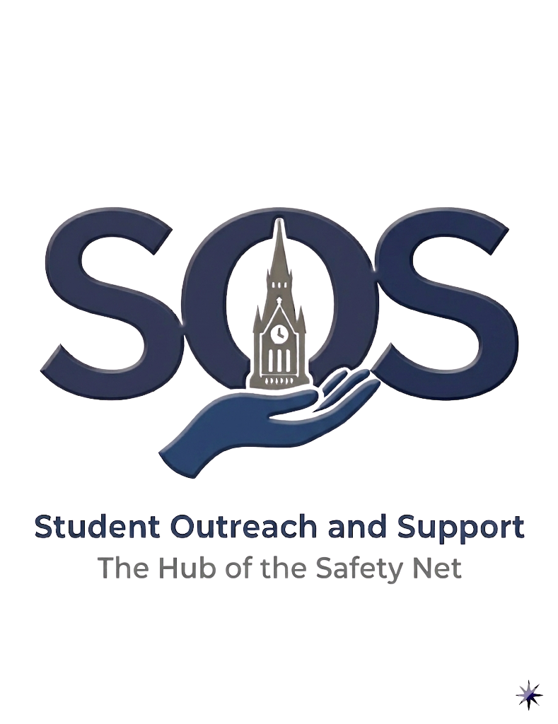The acronym SOS with a hand holding a clocktower through the middle of the O.  This is the logo of Student Outreach and Support